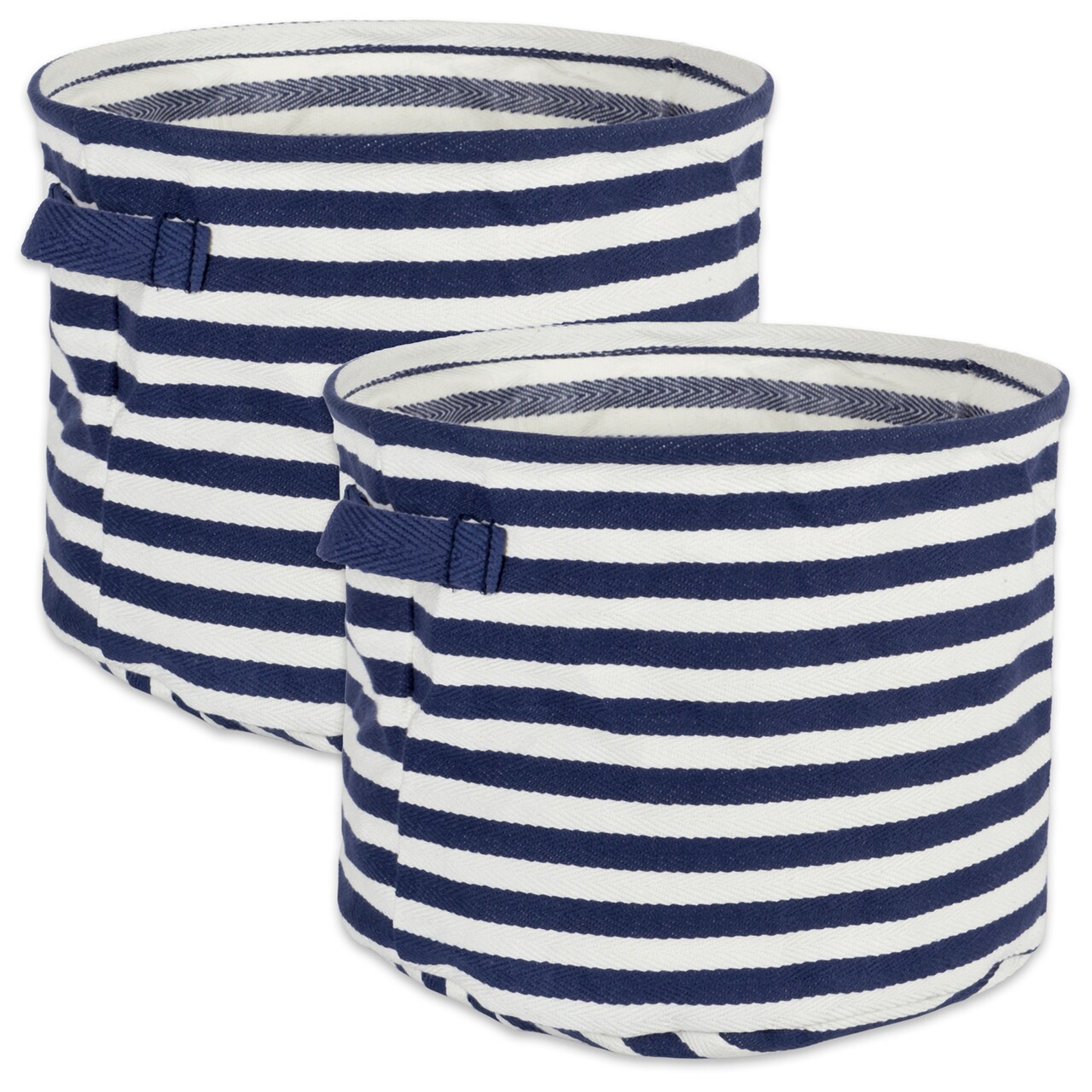 Contemporary Home Living Set of 2 Navy Blue And White Small Round Striped Pe Coated Herringbone Woven Cotton Laundry Bin, 9.5"